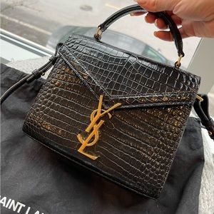 YSL CASSANDRA MINI TOP HANDLE BAG IN CROCODILE-EMBOSSED SHINY LEATHER